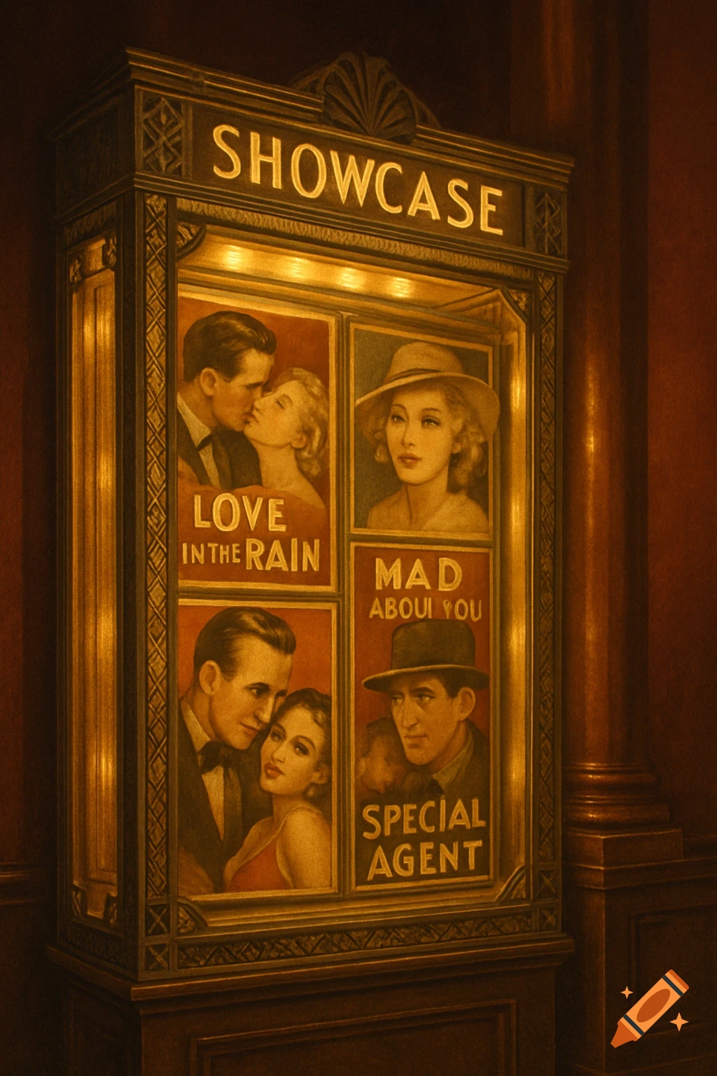 Vintage 1930s-style illuminated cinema display case with four movie posters depicting romantic and dramatic scenes.