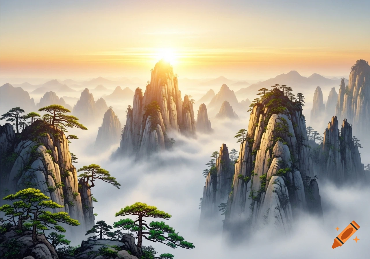A serene landscape of towering, jagged mountains covered in mist with pine trees, illuminated by a brilliant sunrise.
