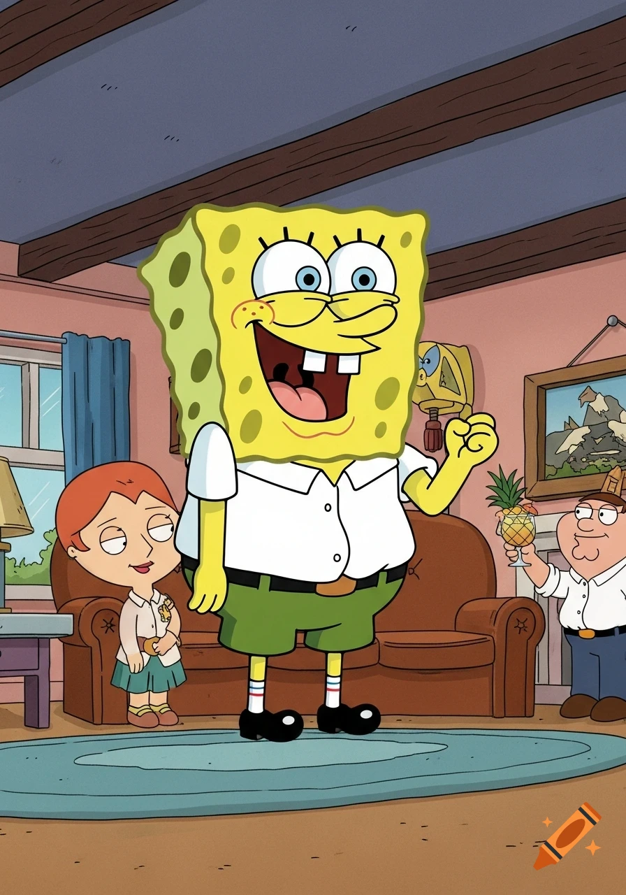 SpongeBob's head on a body with Peter Griffin and Stewie in a Family Guy style living room, Peter holding a pineapple drink.