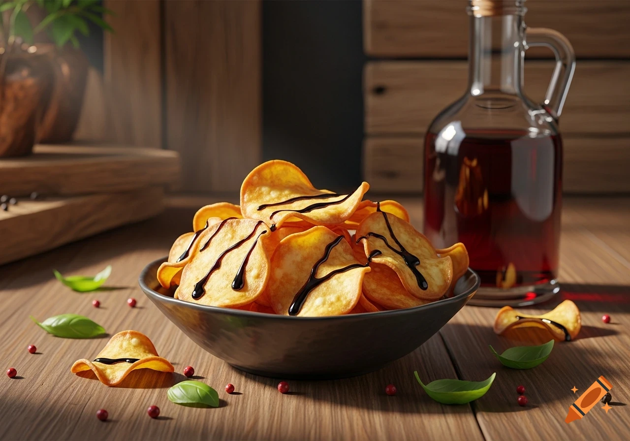 A dark bowl filled with golden potato chips drizzled with balsamic glaze, next to a bottle of balsamic vinegar on a wooden table.