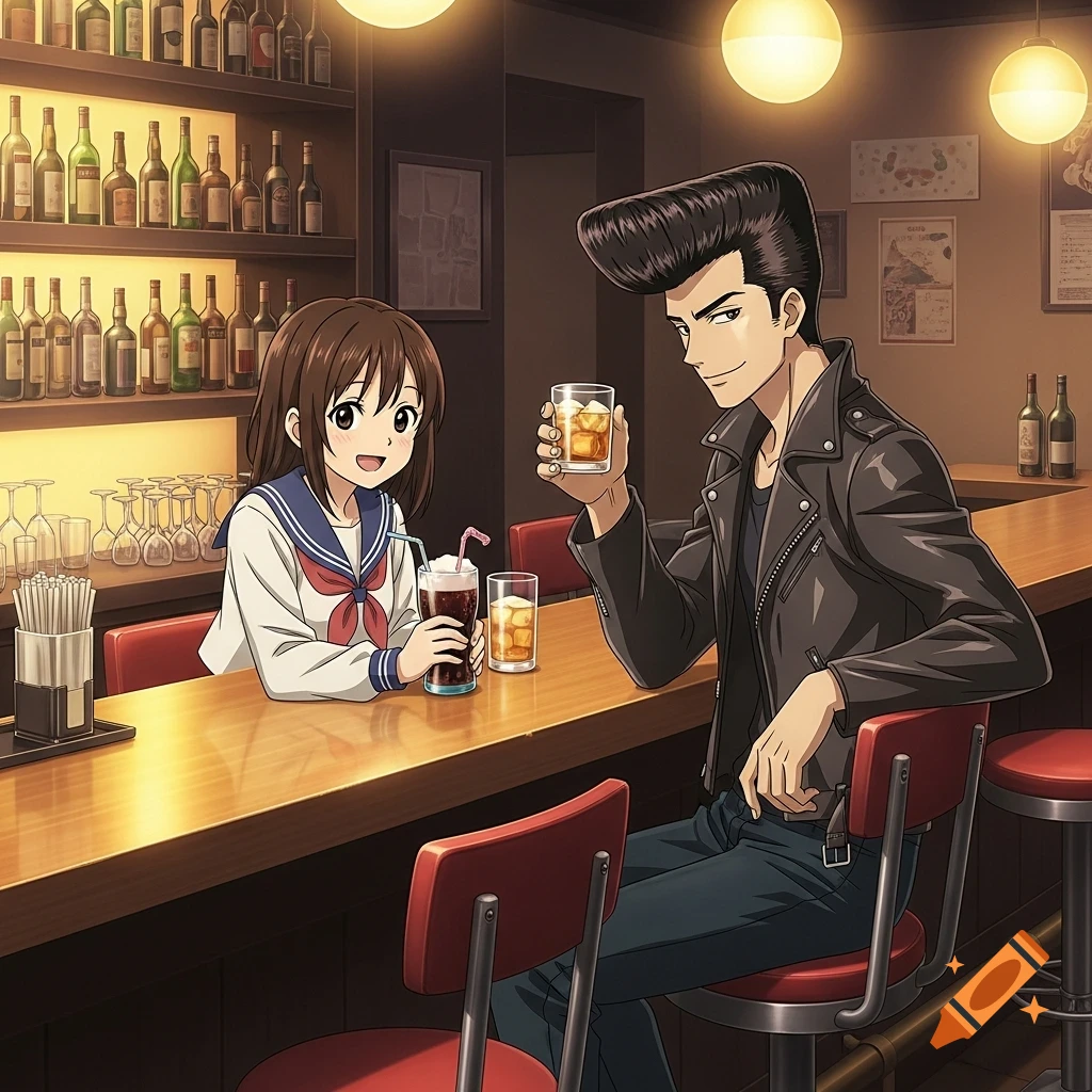 An anime girl in a sailor uniform and an anime man with a pompadour and leather jacket sit at a bar, both holding drinks.