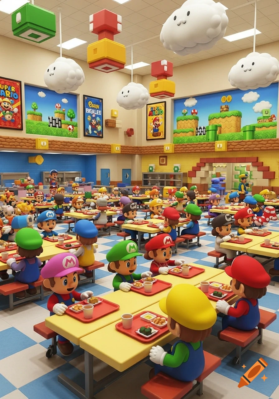 A vibrant Super Mario-themed school cafeteria filled with many young Mario and Luigi characters eating lunch at yellow tables.