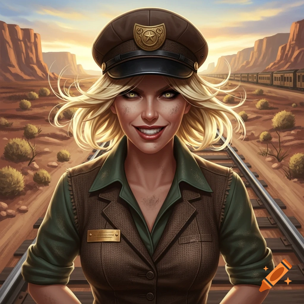 A blonde woman in a train driver's uniform with a crazy expression stands on railroad tracks in a wild west desert landscape at sunset.