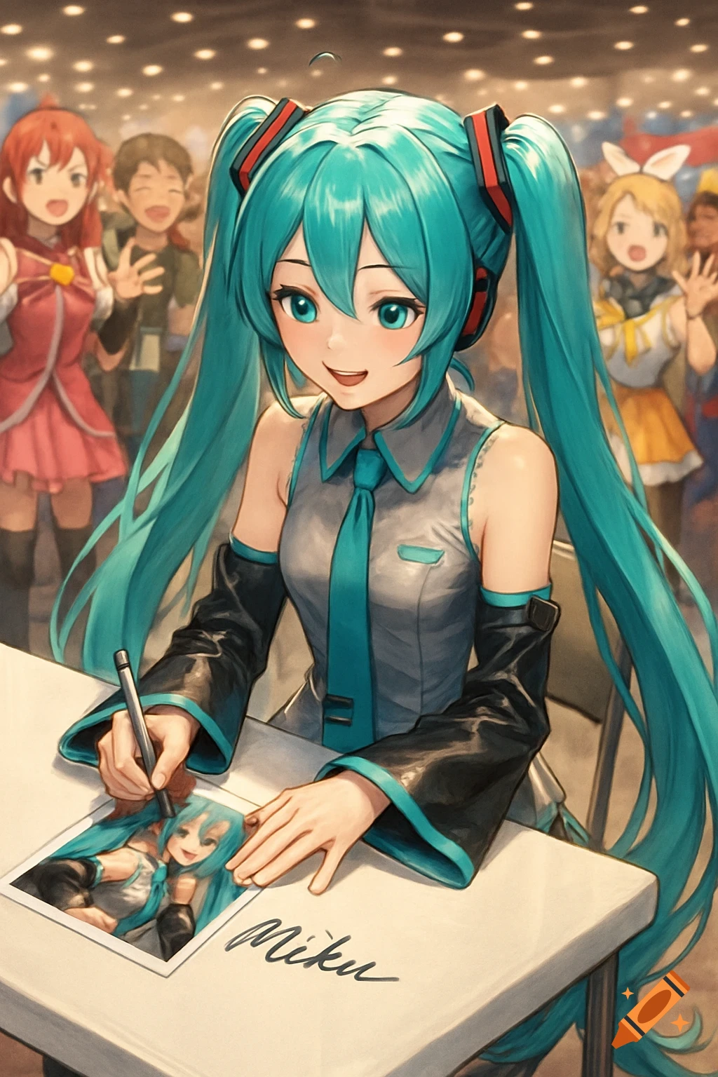Hatsune Miku, an anime character with long turquoise pigtails, smiles while signing an autograph at a convention.
