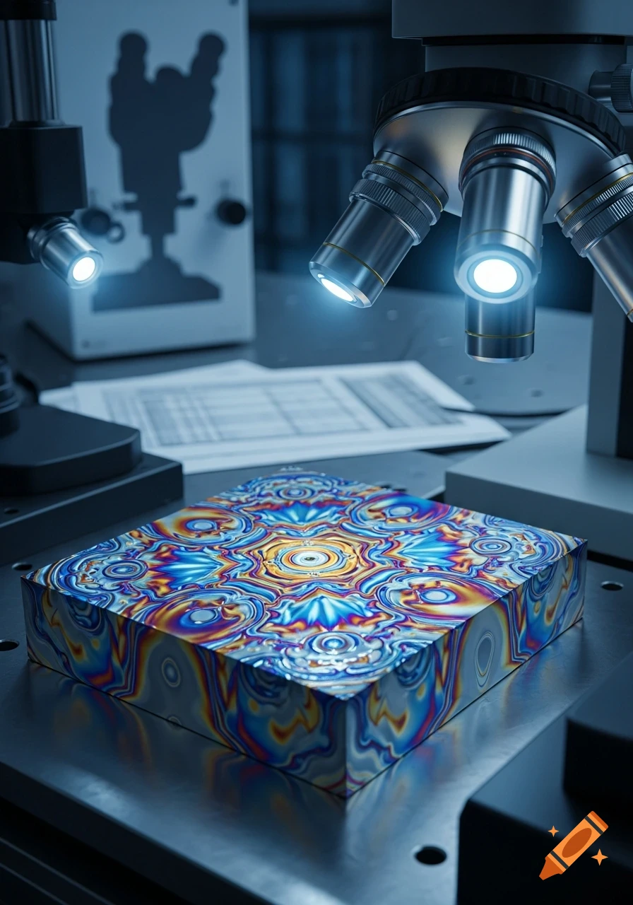 A microscope with bright lights illuminates a square block with an iridescent, psychedelic pattern, in a scientific laboratory setting.