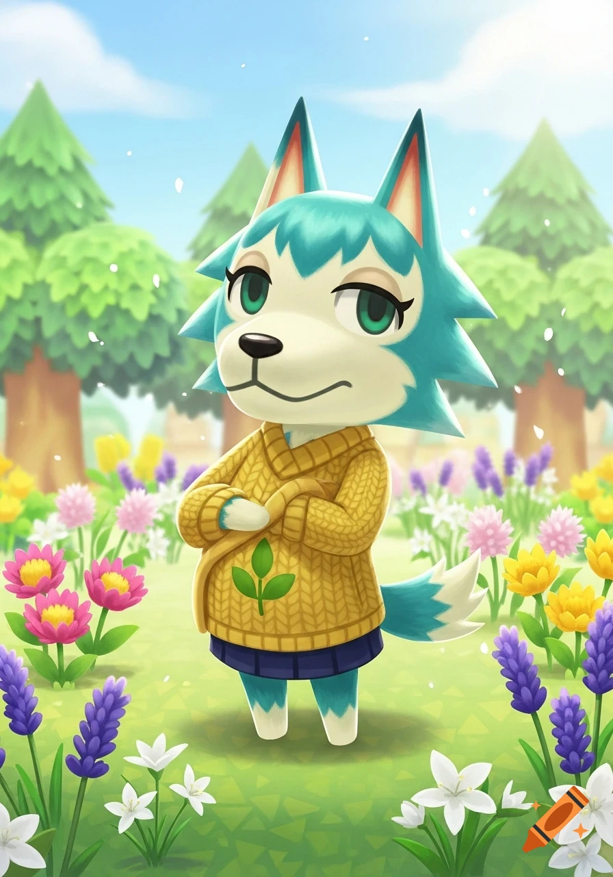 A teal wolf Animal Crossing character with a yellow sweater and blue skirt stands with crossed arms in a field of colorful flowers and trees.
