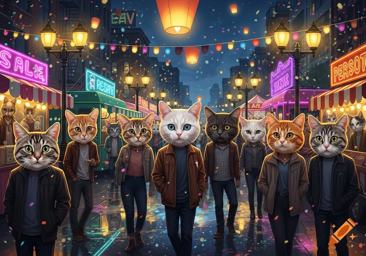 Anthropomorphic cats with human bodies wearing casual clothes walk down a festive city street at night. Colorful lanterns, neon signs, and confetti fill the scene.