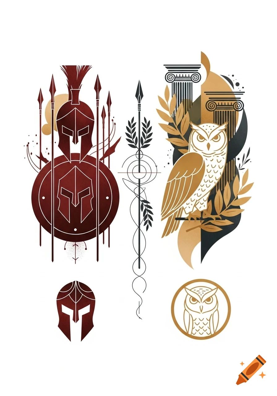 A minimalist tattoo design featuring dark red Spartan symbols on the left and golden Athenian symbols including an owl on the right.