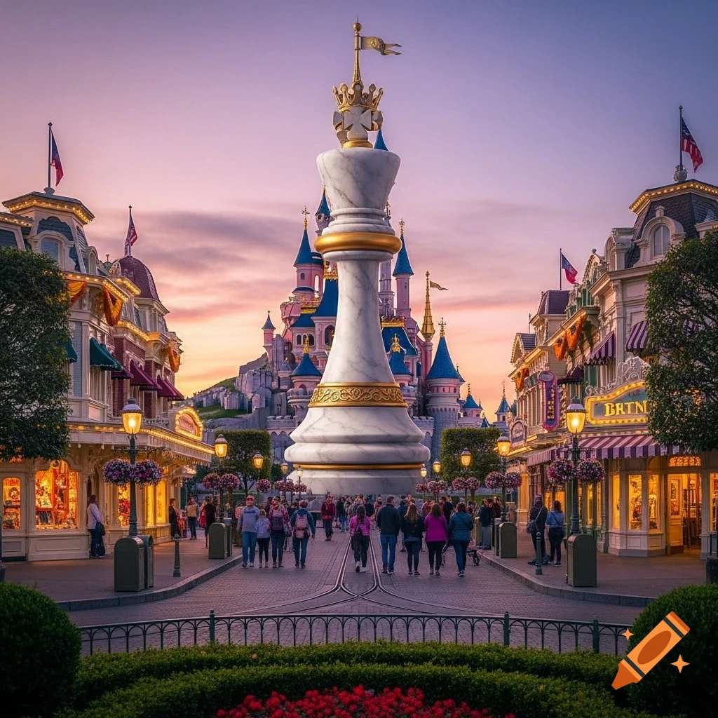 A massive white and gold king chess piece stands where a castle would be at the end of a grand, bustling theme park street at sunset.