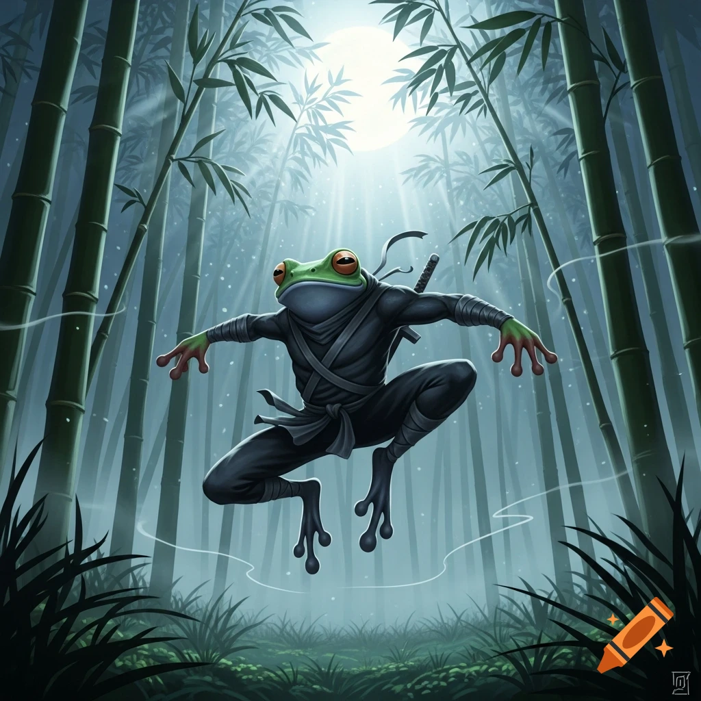 A detailed illustration of a green ninja frog leaping through a moonlit bamboo forest.