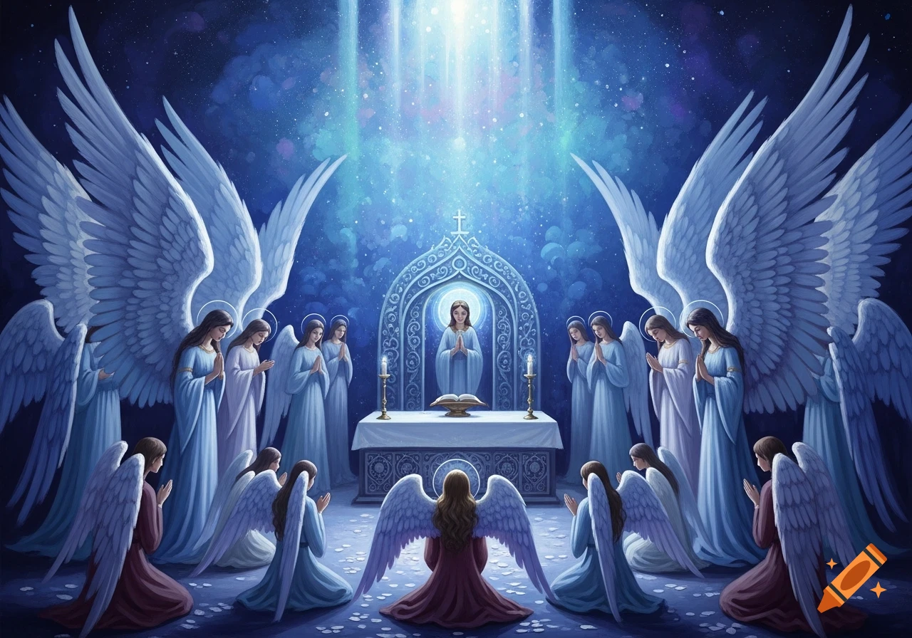 Angels with large, layered wings gather around an altar with a glowing figure, under a cosmic blue sky with light beams.