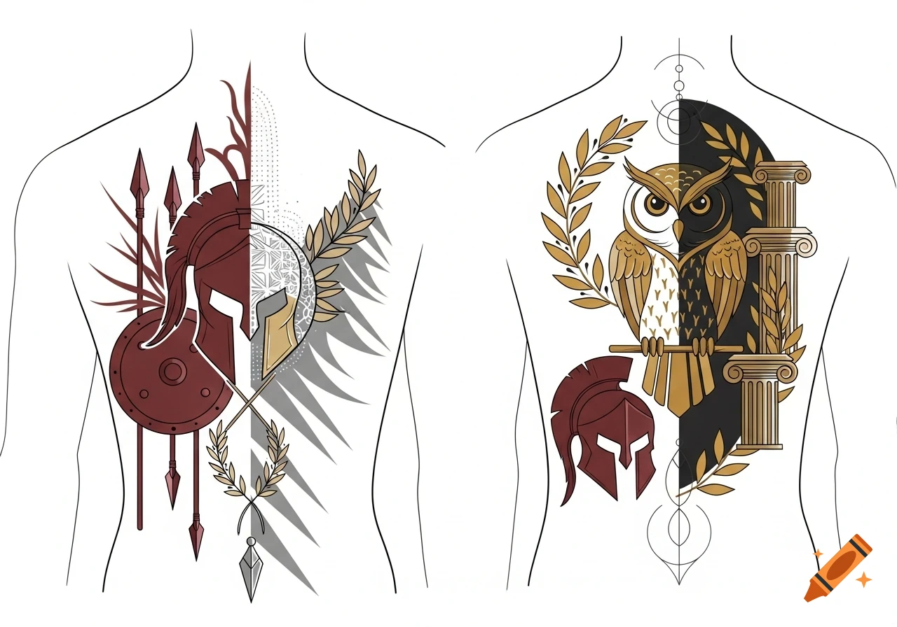 Two stylized back tattoo designs. The left features a red Spartan helmet, spears, and shield. The right has a golden owl, laurel wreath, and column.