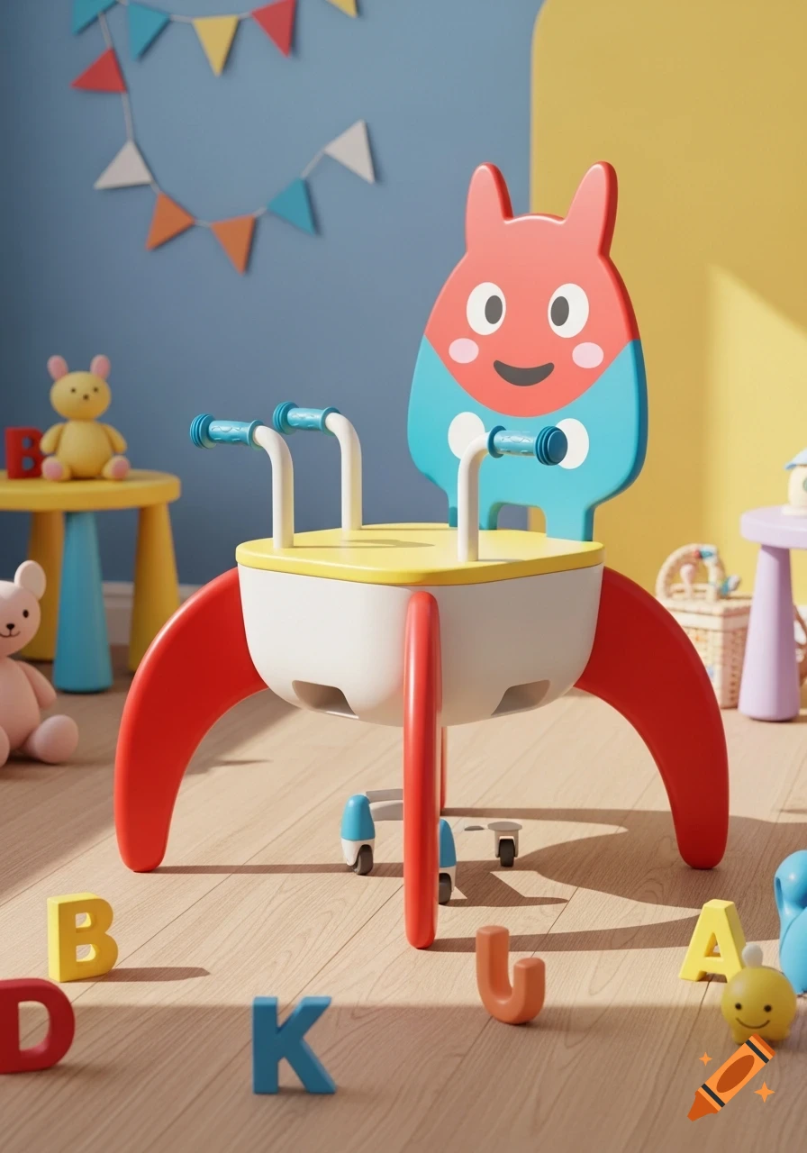 A colorful children's chair with a rabbit-like backrest in a child's room with letter blocks.