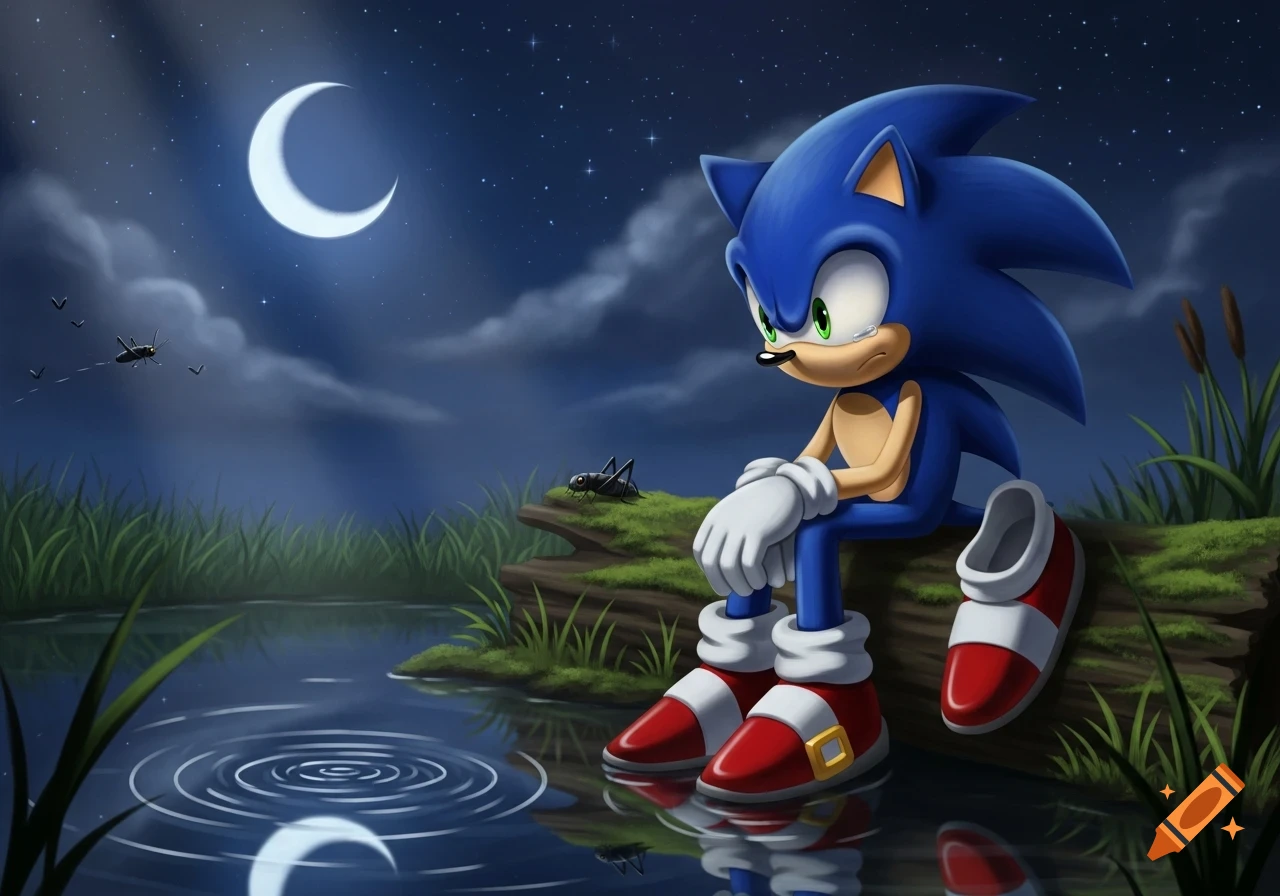 Sad Sonic the Hedgehog sits by a pond at night, with a crescent moon and stars reflecting on the water. A cricket is nearby.