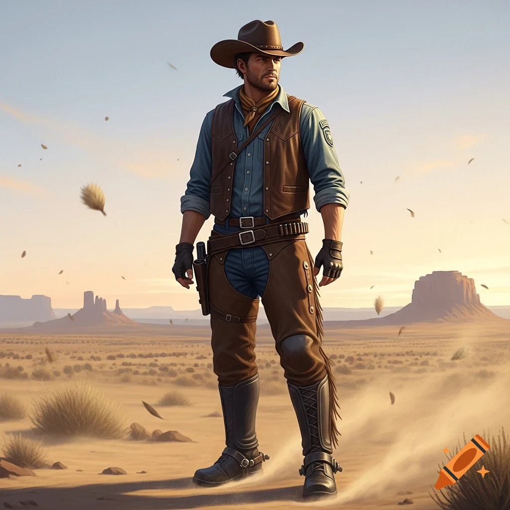 A rugged man in a cowboy hat, denim shirt, leather vest, chaps, and boots stands in a dusty desert landscape with mesas in the background, looking into the distance.