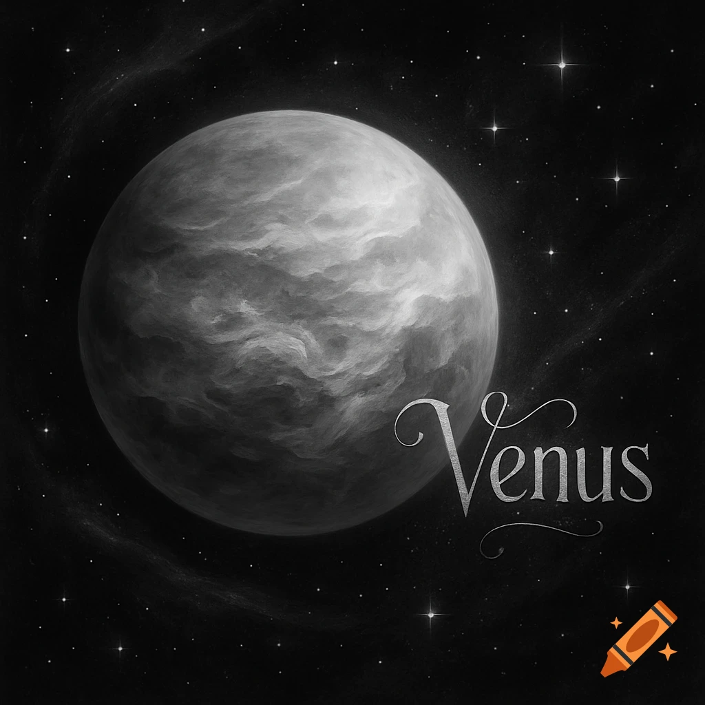 Black and white stylized illustration of Venus with swirling clouds, floating in a star-filled space. The name 'Venus' is written in script.