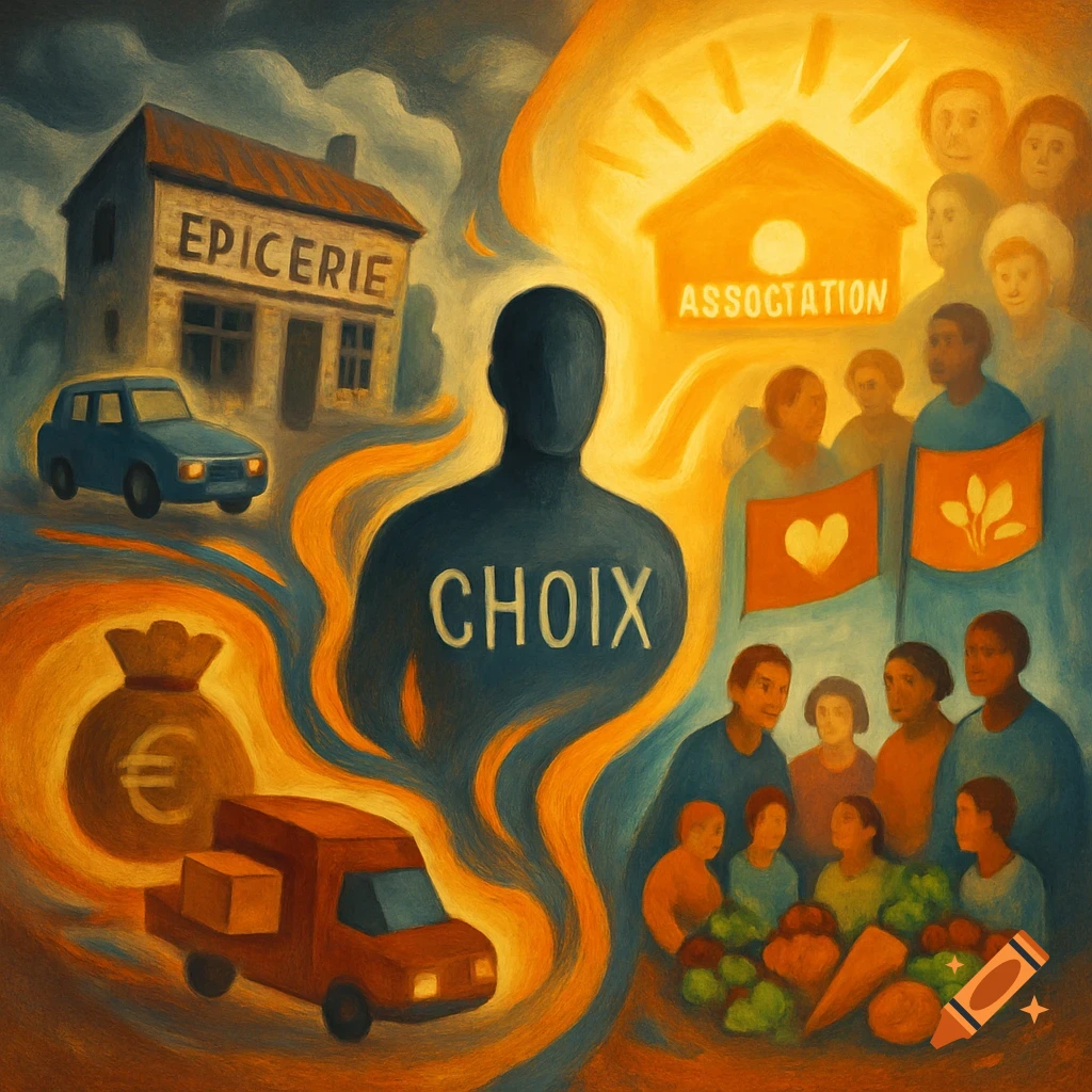 A conceptual illustration showing a silhouette with "CHOIX" (choice), a grocery store, money, a truck, and a group of people with an "ASSOCIATION" symbol.