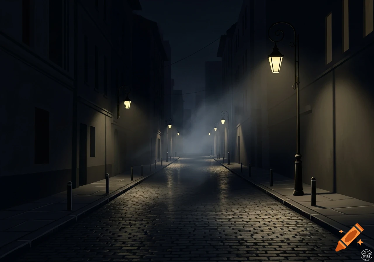 A dark, misty cobblestone street lit by old-fashioned streetlights at night, flanked by tall, shadowy buildings.