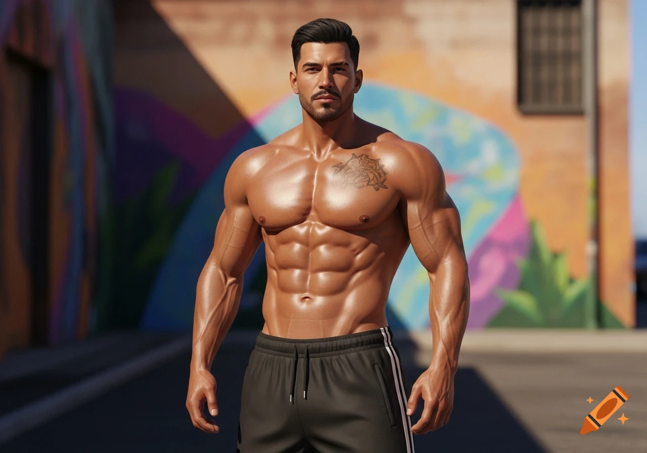 Photorealistic image of a muscular Latino man with a mustache and abs, wearing sweatpants, standing against a colorful mural outdoors.