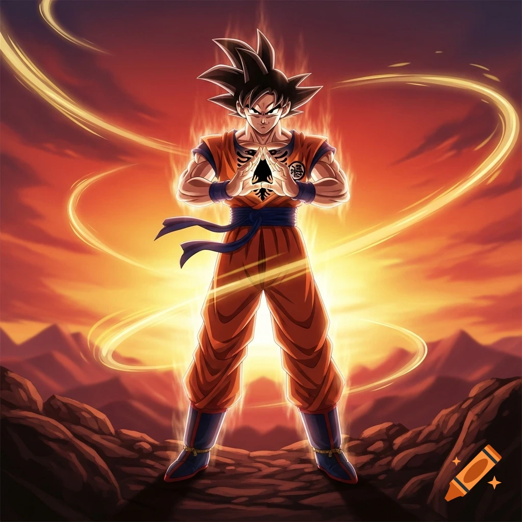 Goku in his Super Saiyan form, glowing with power, stands on a rocky terrain against an orange and red sunset background, making a hand gesture.