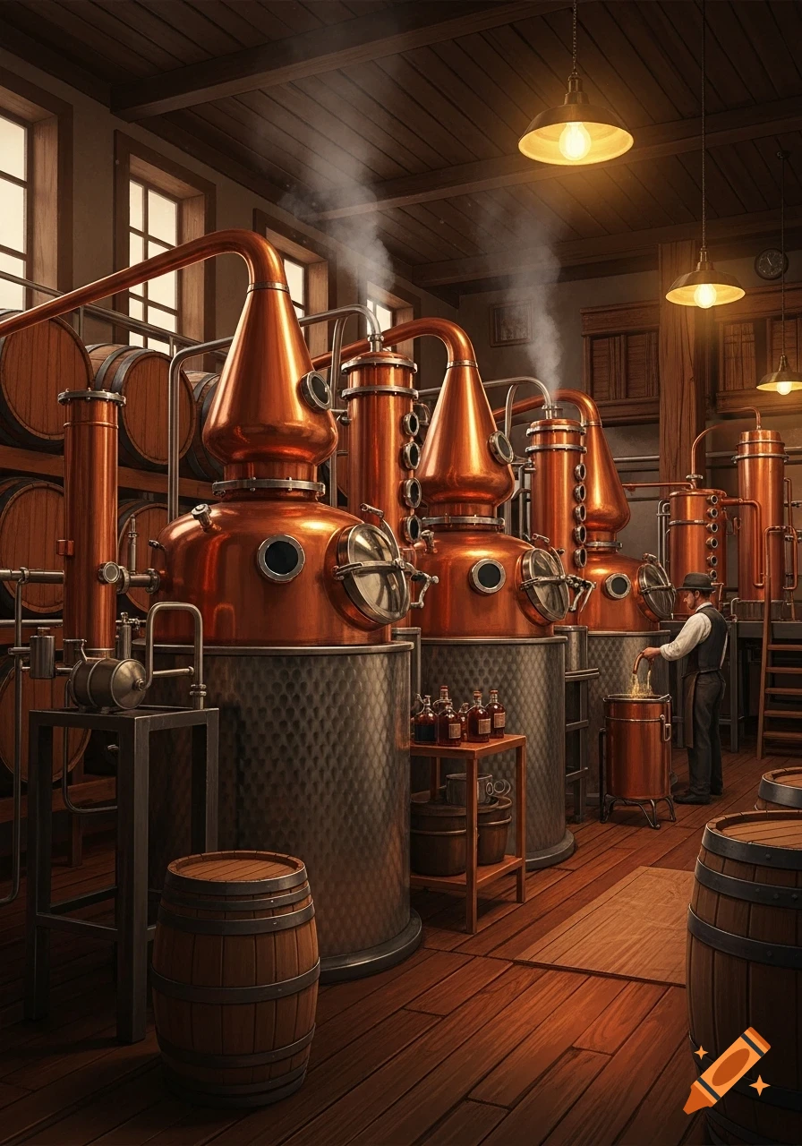 A photorealistic image of a traditional whiskey distillery with copper stills, wooden barrels, and a worker tending to the distillation process.