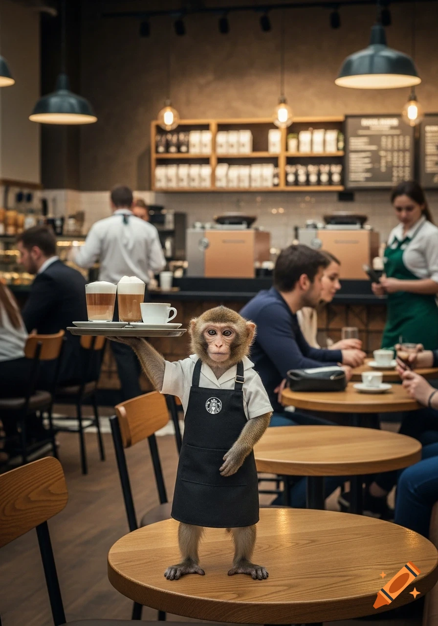 Photorealistic monkey waiter in a Starbucks apron holds a tray of coffee drinks on a table in a bustling coffee shop.