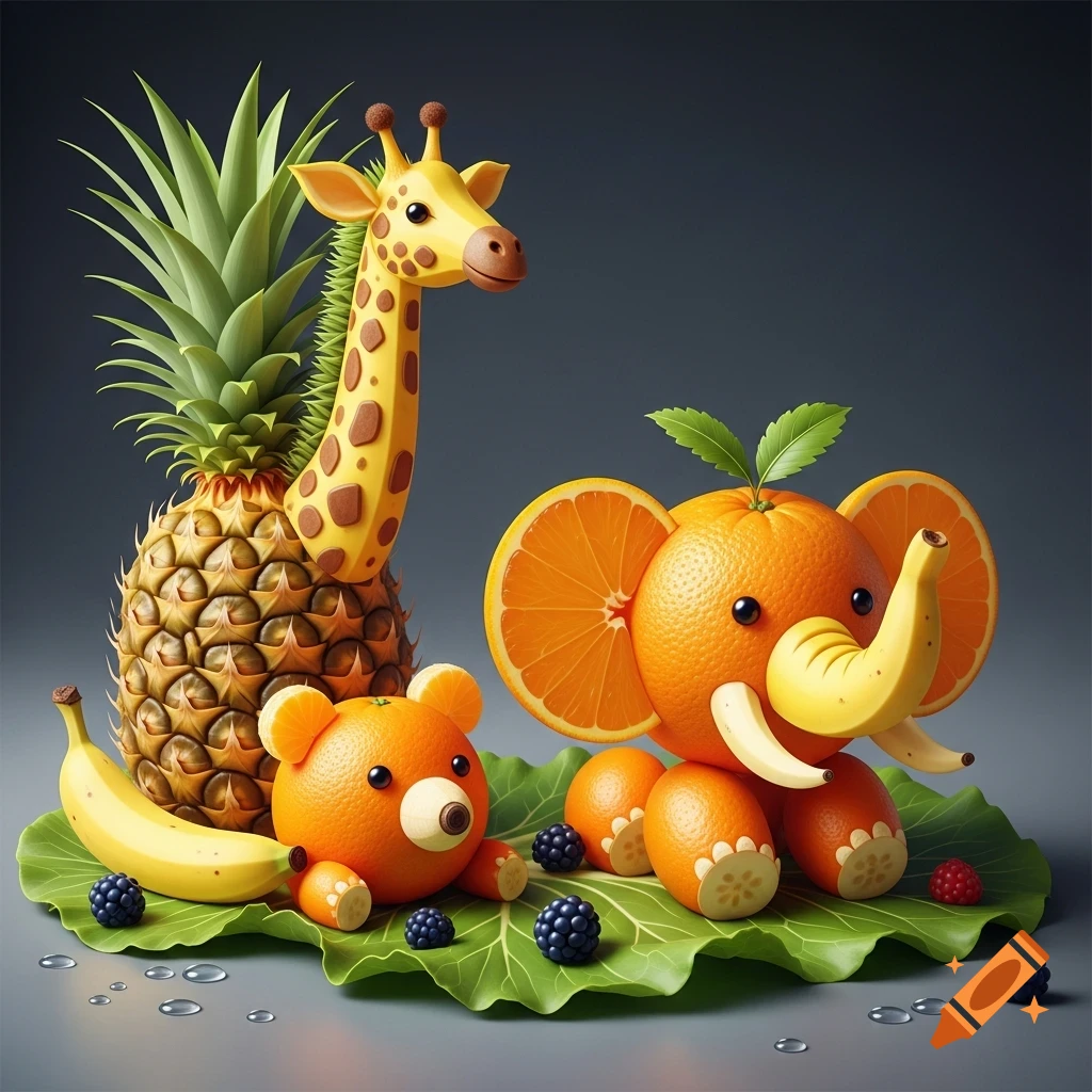 A cute giraffe made of a pineapple, an elephant made of oranges and bananas, and an orange bear on a large green leaf with berries.