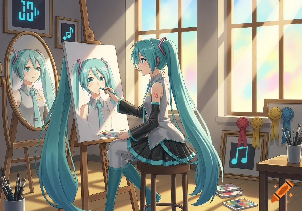 Hatsune Miku in an artist's studio, sitting on a stool and painting a self-portrait on an easel, looking into a mirror.