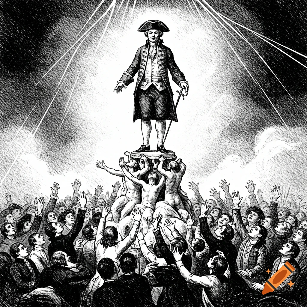 Black and white Goya-style print depicting a man in 18th-century clothes standing on a pedestal of nude figures, with a crowd reaching up.