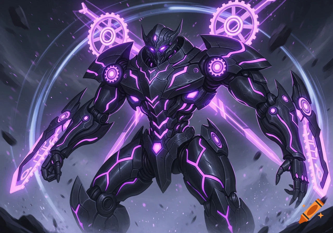 A powerful black mech with glowing purple lights and energy weapons, digital art.