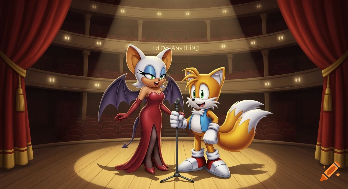 Cartoon characters Rouge the Bat and Tails Prower sing into a microphone on a spotlighted stage in an auditorium.