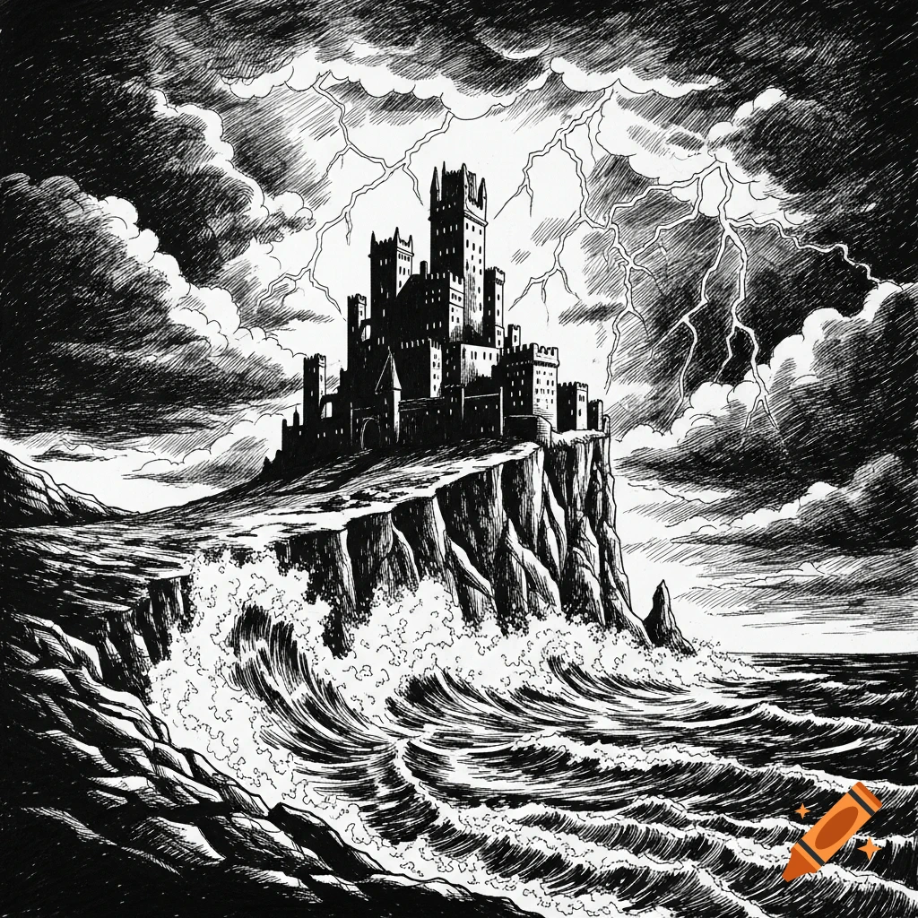 High contrast ink drawing of a dramatic old castle on a rocky cliff by a stormy ocean with lightning in the dark sky.