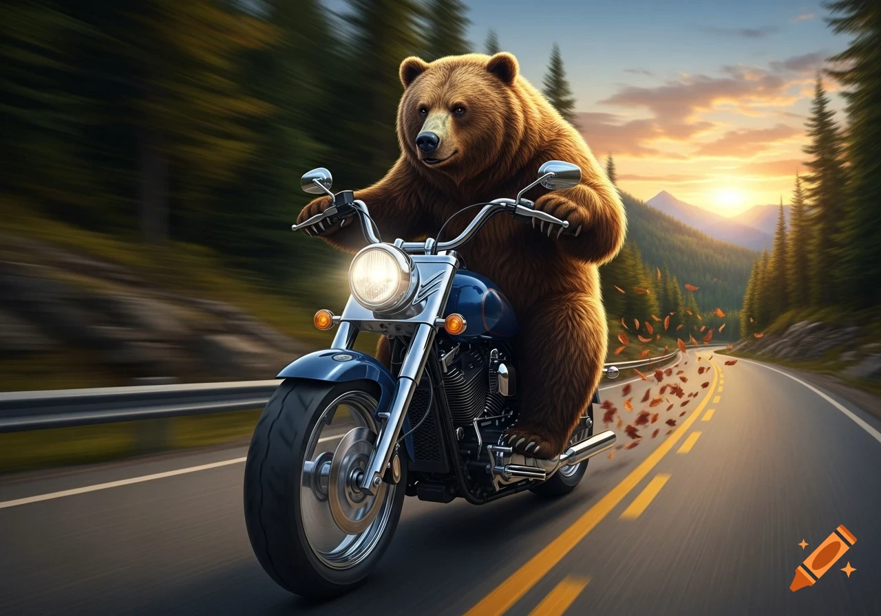 A brown bear rides a blue motorcycle on a winding mountain road at sunset, with autumn leaves scattering behind.