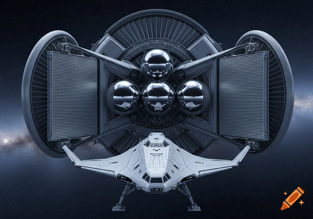 Detailed futuristic direct fusion drive spaceship with radiator panels, spherical fuel tanks, and a docked lander, in starry deep space.