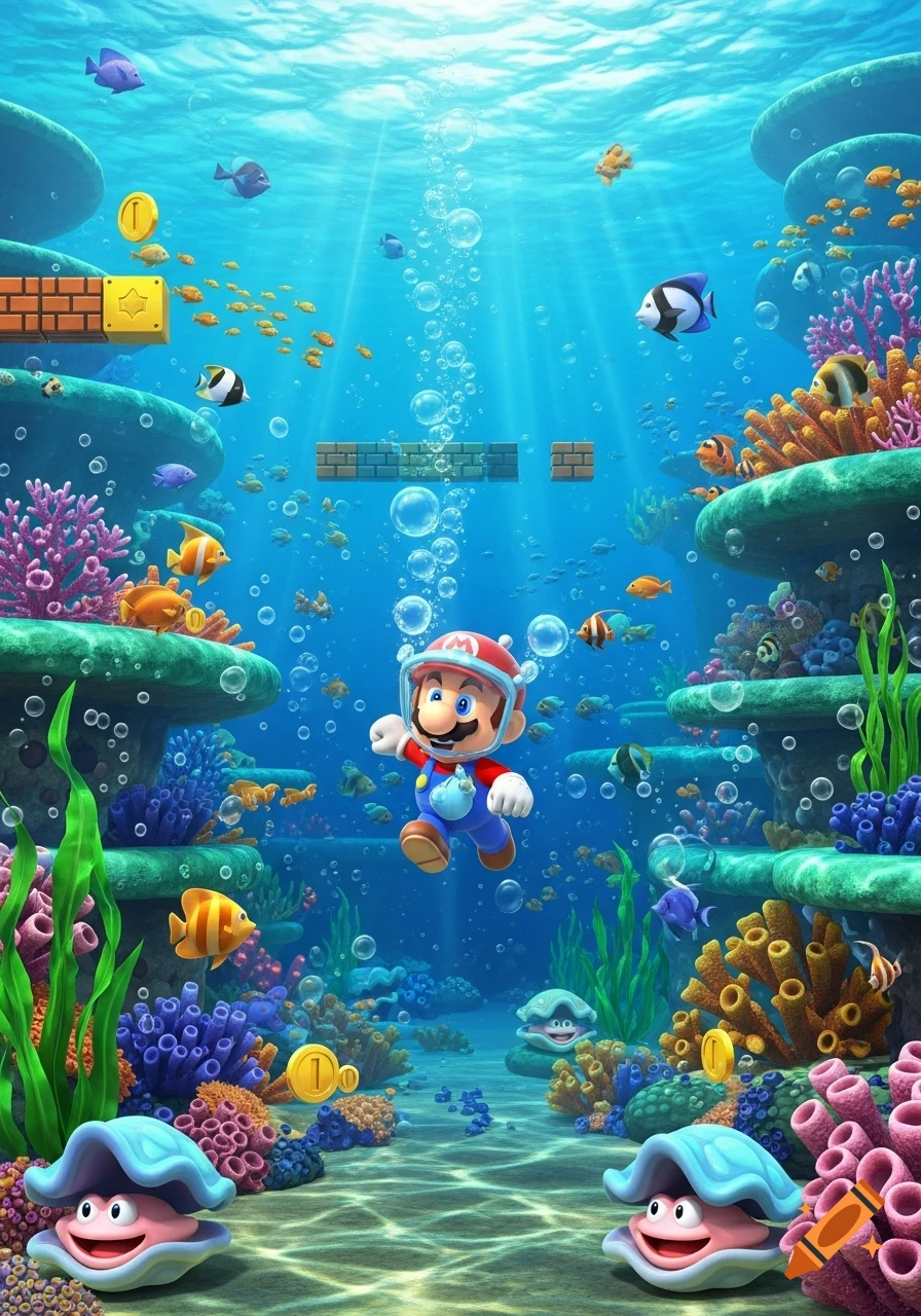 Super Mario in a diving suit swims through a vibrant underwater level with coral, fish, coins, and brick blocks, reminiscent of an aquarium.