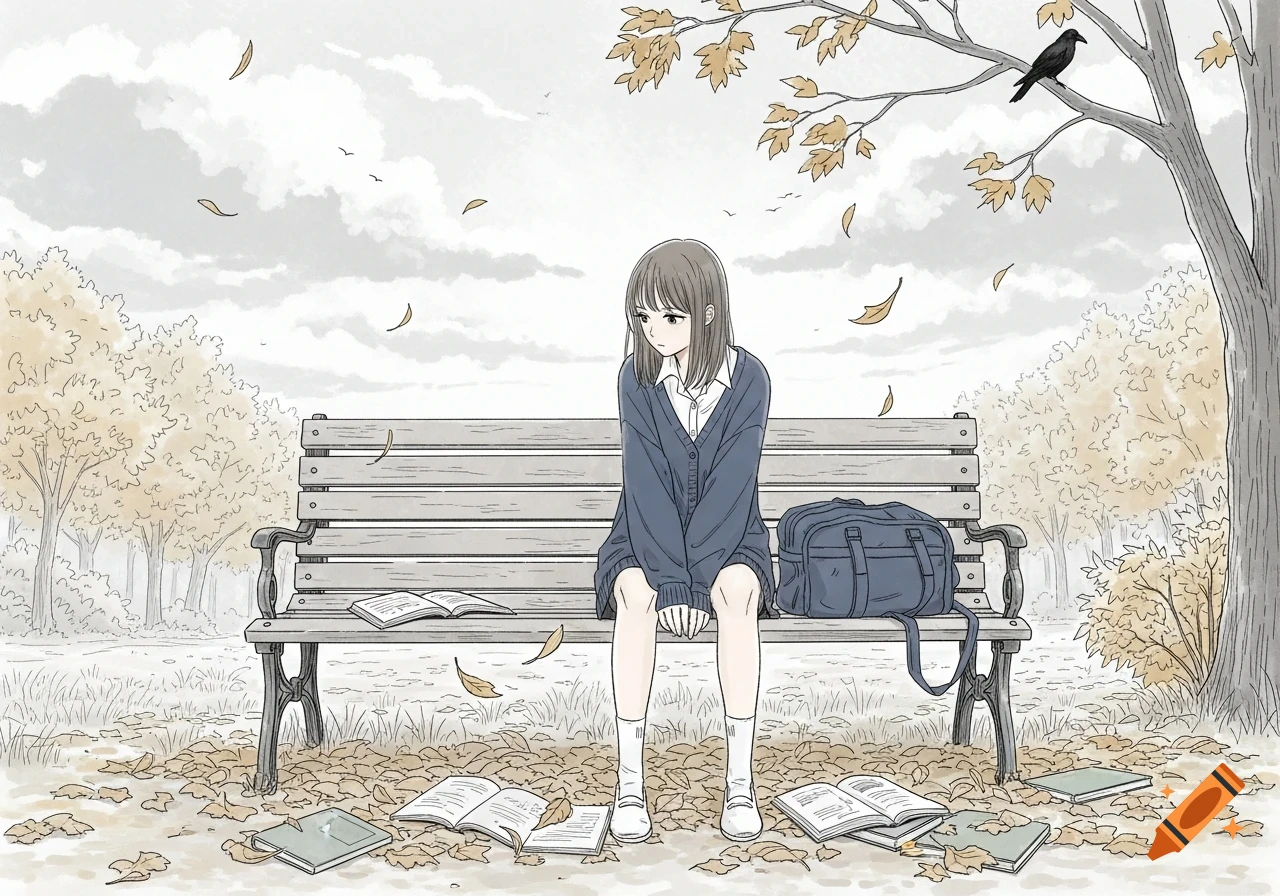 A sad anime girl with brown hair sits on a wooden park bench in autumn, surrounded by fallen leaves and open books. A crow is perched on a tree branch.