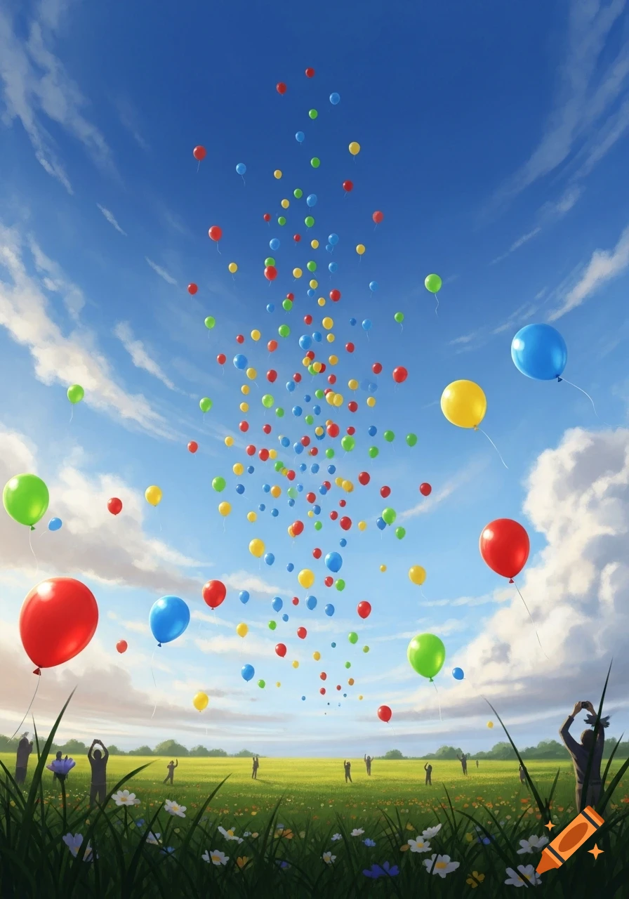 A vibrant scene of numerous colorful balloons ascending into a bright blue sky above a green field with distant people.