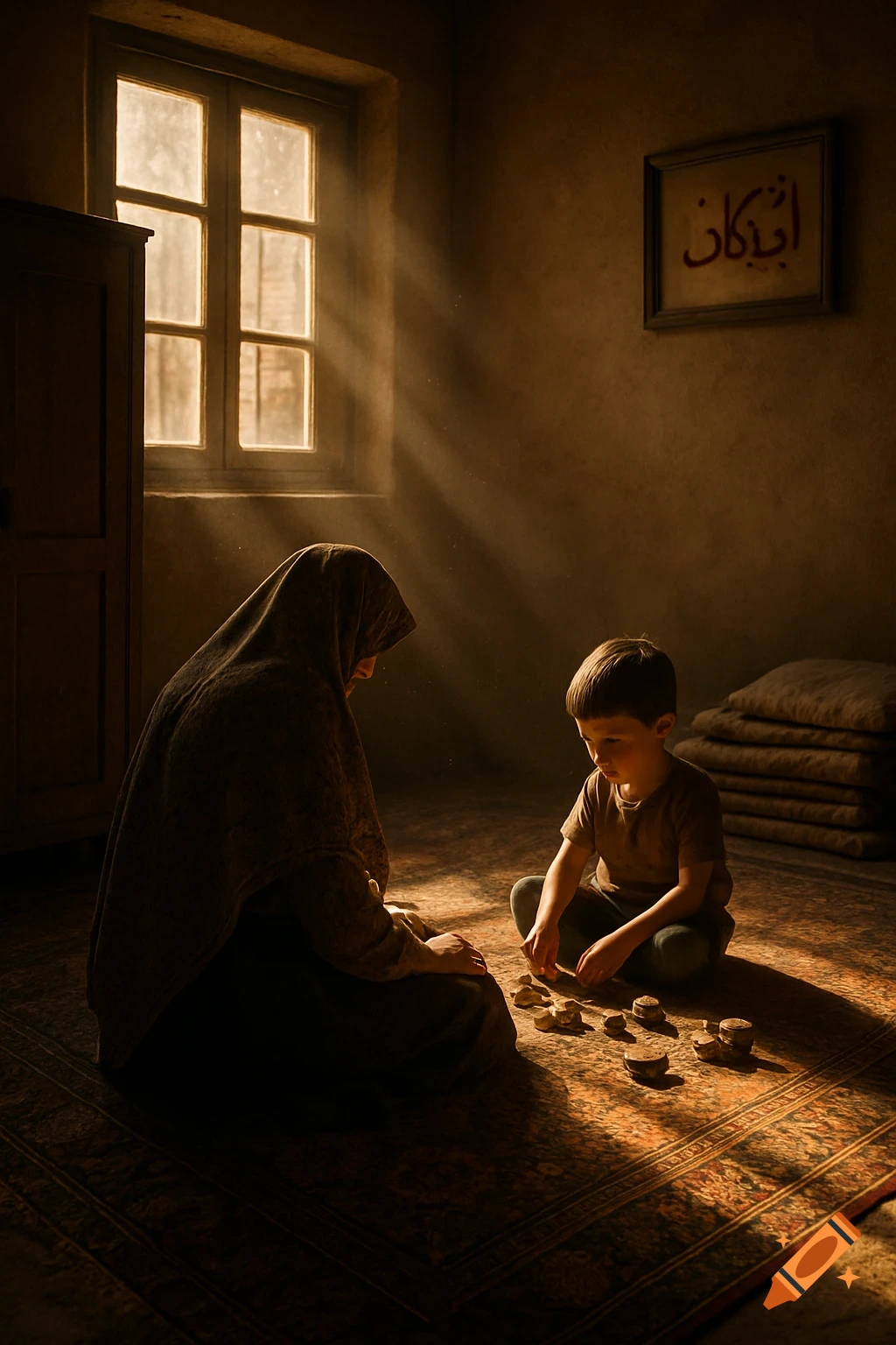 A mother in traditional attire and her child sit on a Persian rug in a sunlit Iranian home, playing with toys.