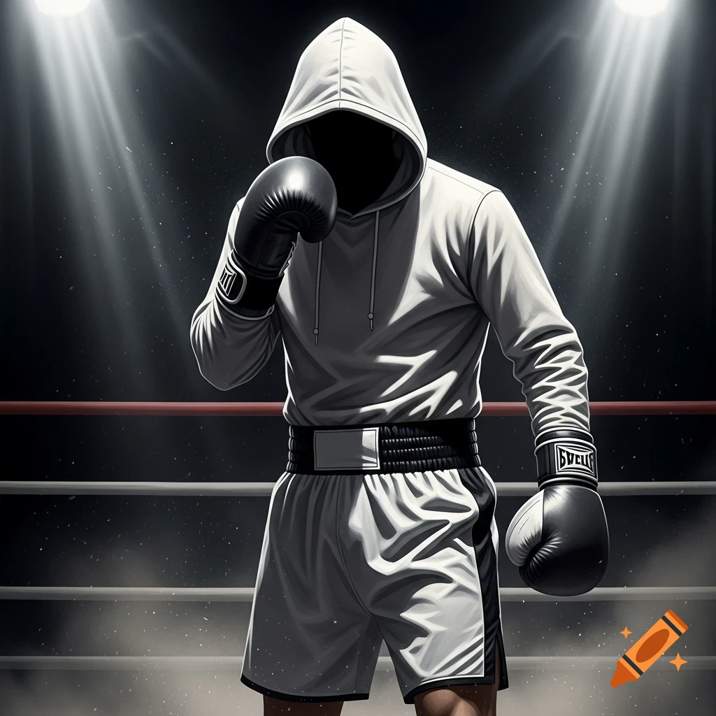 A boxer in a white hoodie with a blacked-out face and black boxing gloves stands in a spotlighted boxing ring.