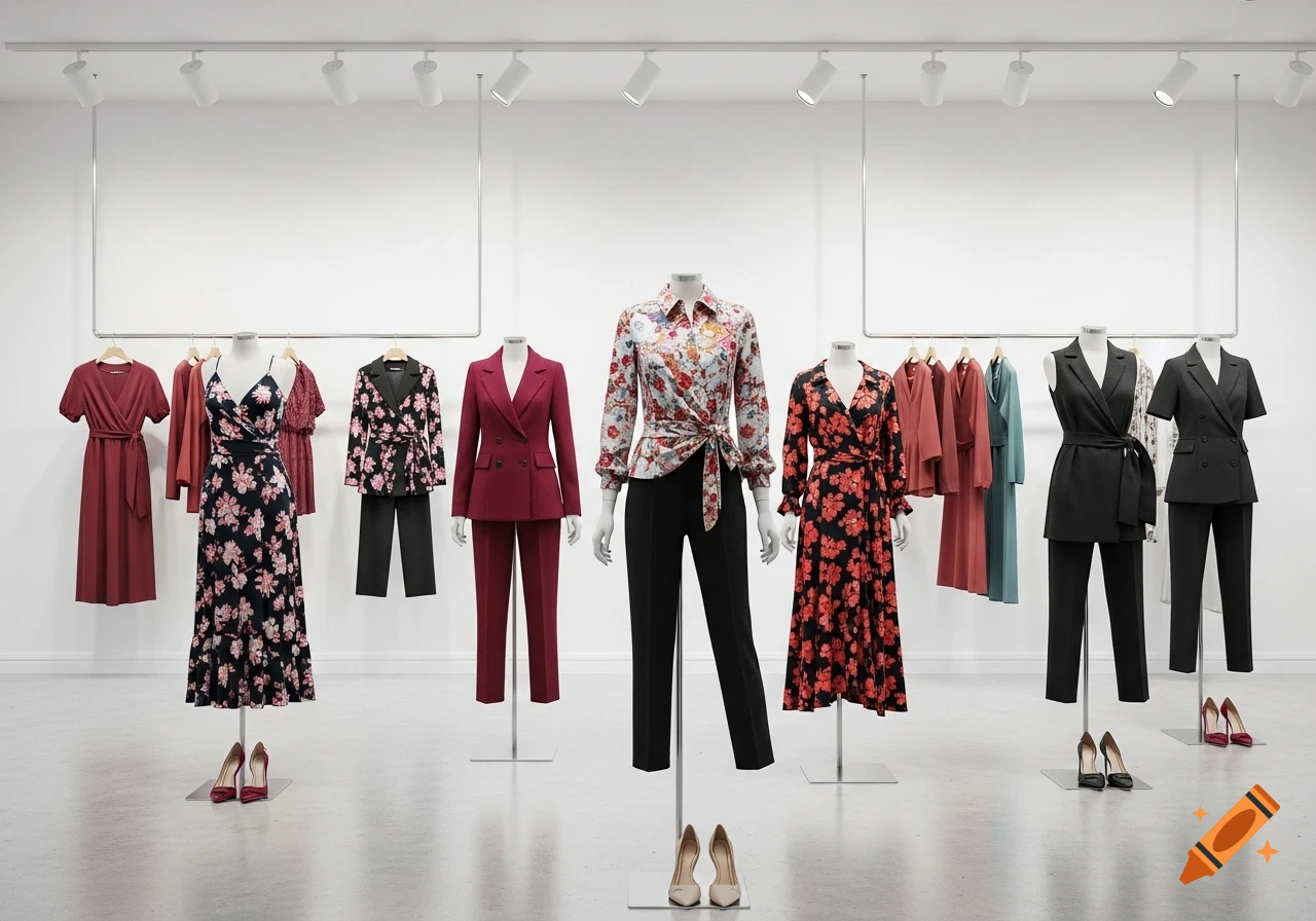 Mannequins display various stylish outfits, including dresses, suits, and blouses, in a well-lit modern clothing store.