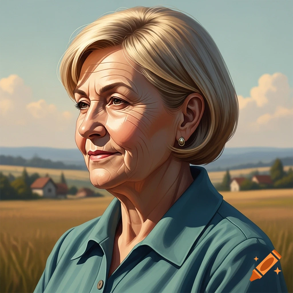A mature blonde woman in a teal shirt, with a gentle smile, looks left against a sunny rural landscape with fields and houses. Digital art style.