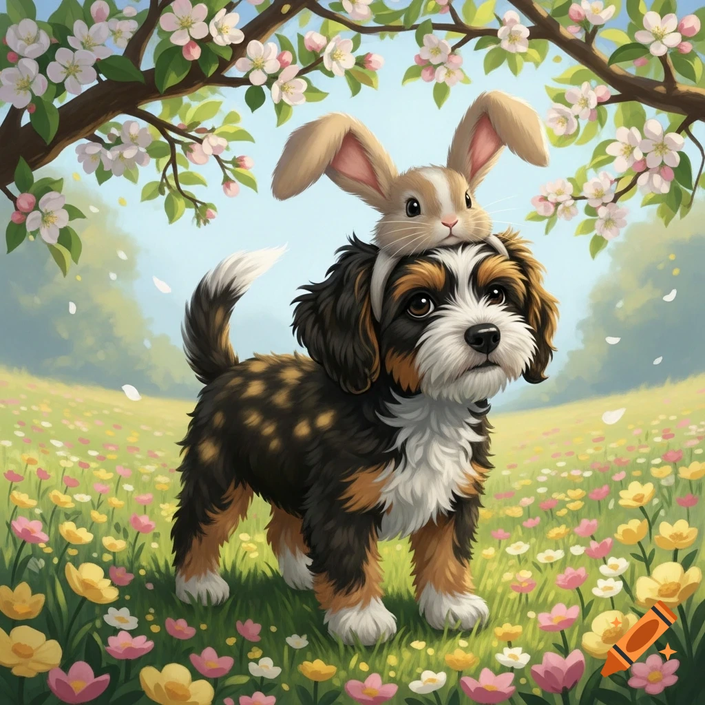 A cute puppy wearing bunny ears stands in a field of colorful wildflowers under a blossoming tree, in an illustrative style.