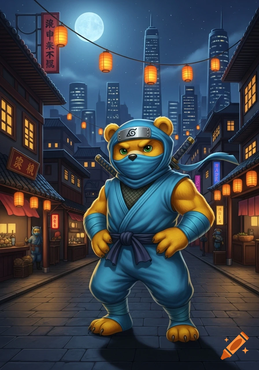 A cartoonish golden bear in a blue ninja suit with a headband stands in a Japanese-style street at night, illuminated by lanterns, with a modern city skyline and full moon in the background.