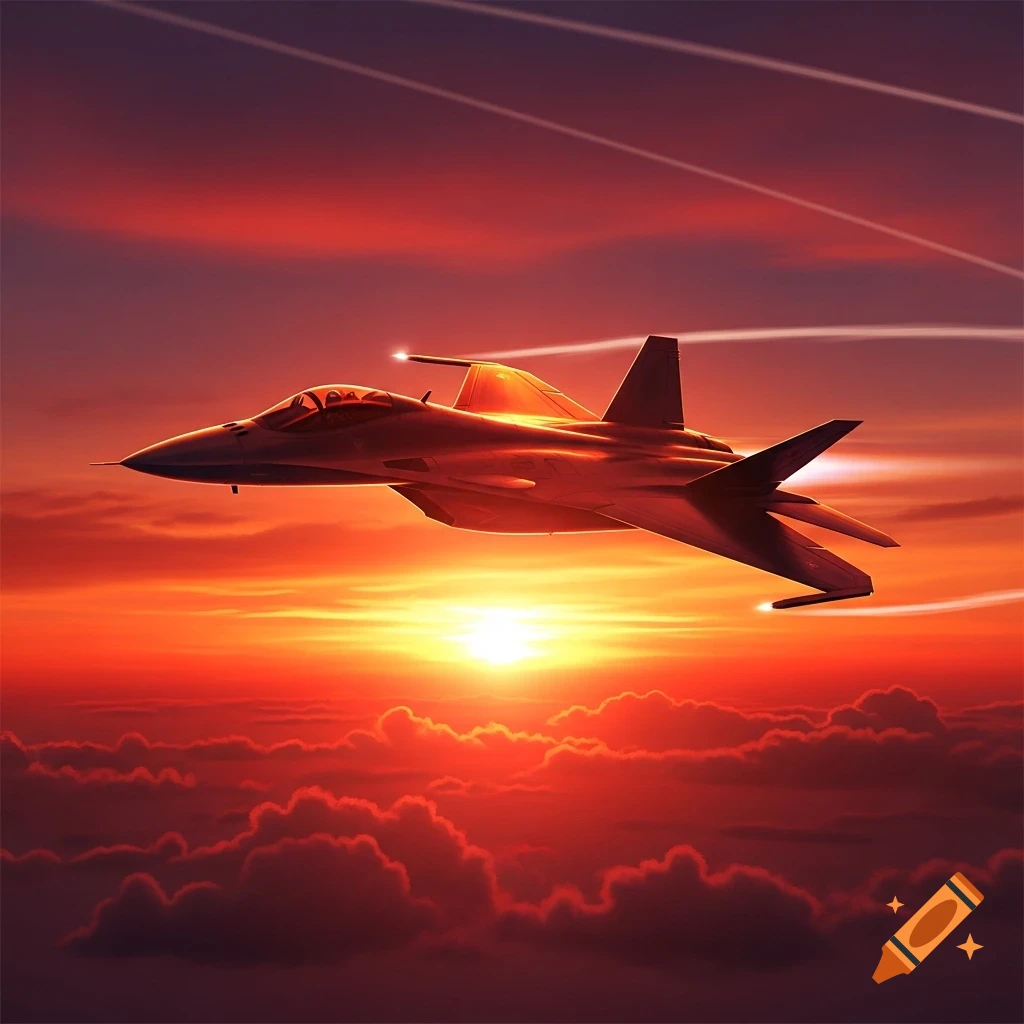 A sleek fighter jet soars through a vibrant red and orange sunset above a layer of clouds.