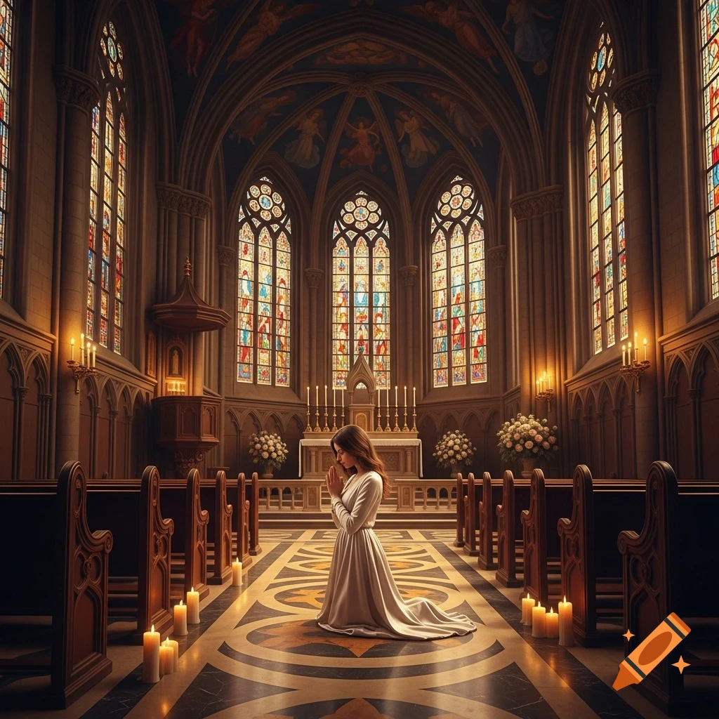 A woman kneels in prayer on a patterned floor inside a majestic church with vibrant stained glass windows and flickering candles.
