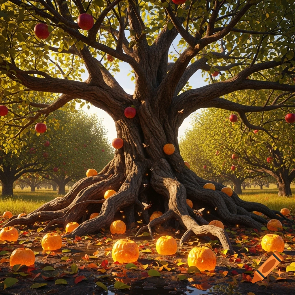 A majestic apple tree with sprawling roots and red apples on its branches. Glowing orange fruits lie on fallen leaves around the tree in an orchard.