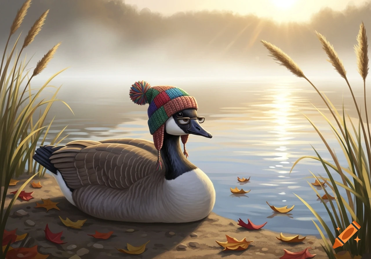 A Canadian goose with a colorful wool hat and glasses sits by a misty lake with autumn leaves at sunrise.