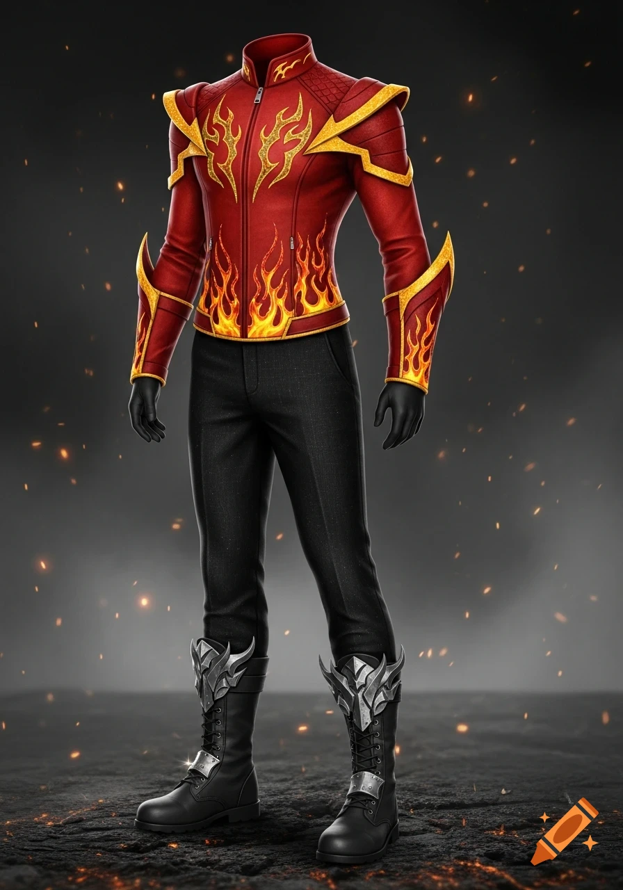 A red and gold jacket with flame designs, black pants, black gloves, and black boots with silver winged accents on a headless mannequin.