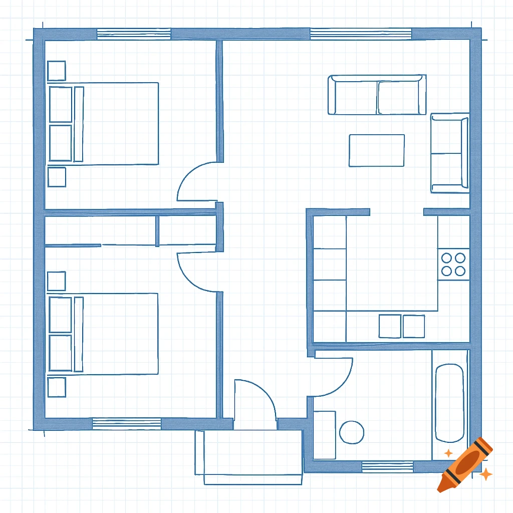 A 2D blueprint of a modern small house floor plan with two bedrooms, a living room, kitchen, and bathroom on a grid background.