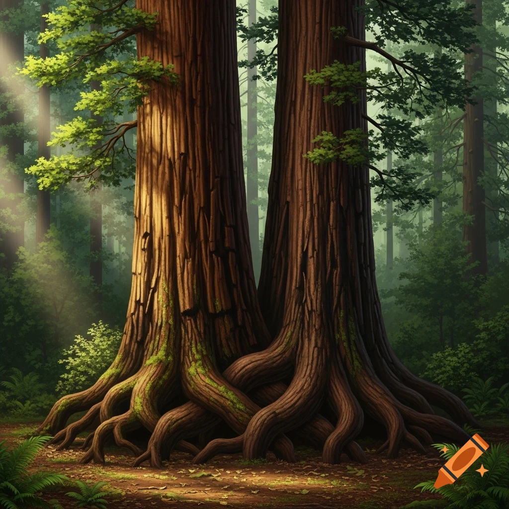 Two towering redwood trees with massive, gnarled roots intertwined on the forest floor, bathed in dappled sunlight.